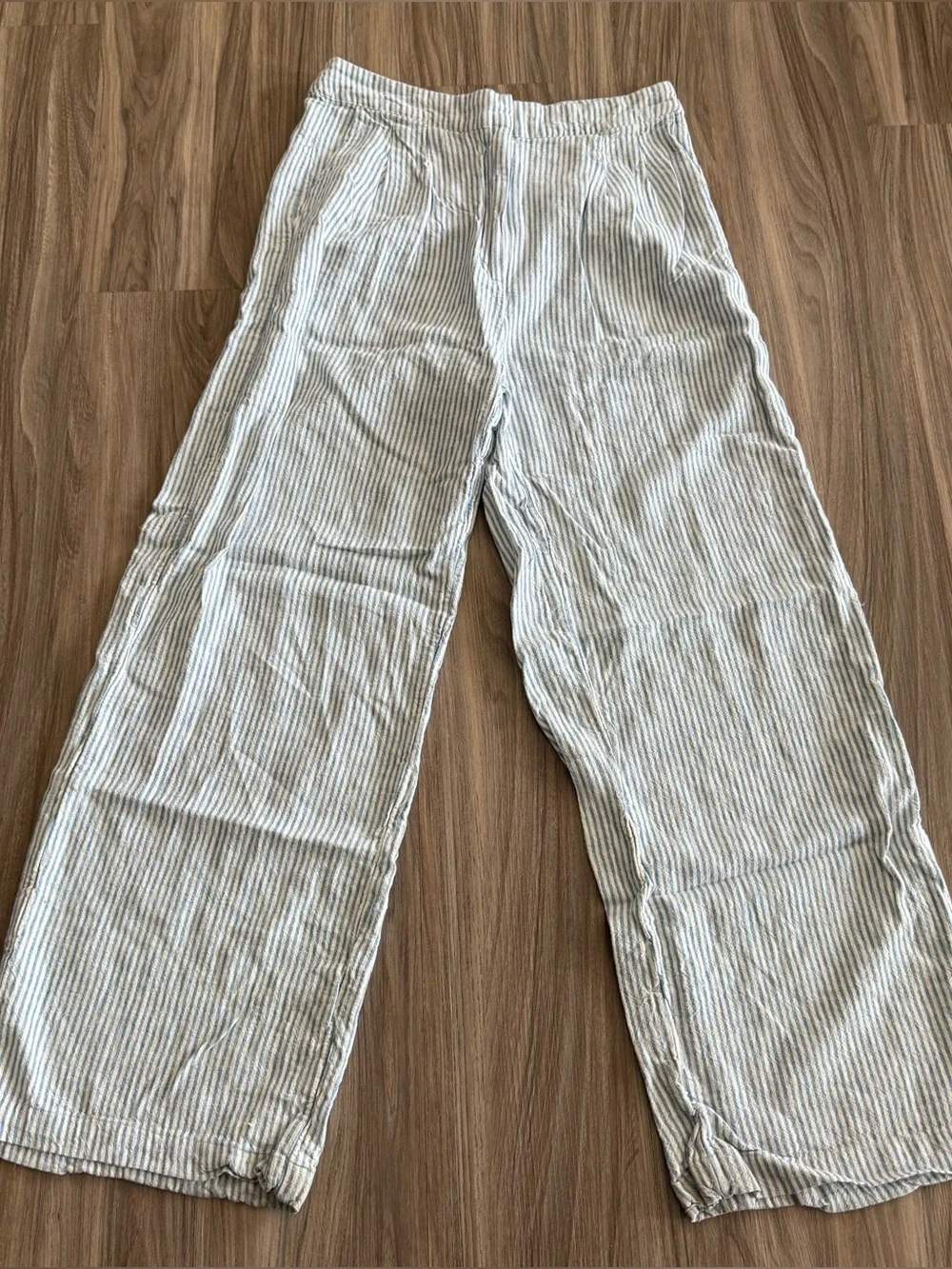 Mango Striped Wide-Leg Linen Blend Pants - Blue & White Size 6